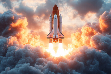 A 3D rocket launching into space with clouds in the background, representing the concept of business startup and growth.