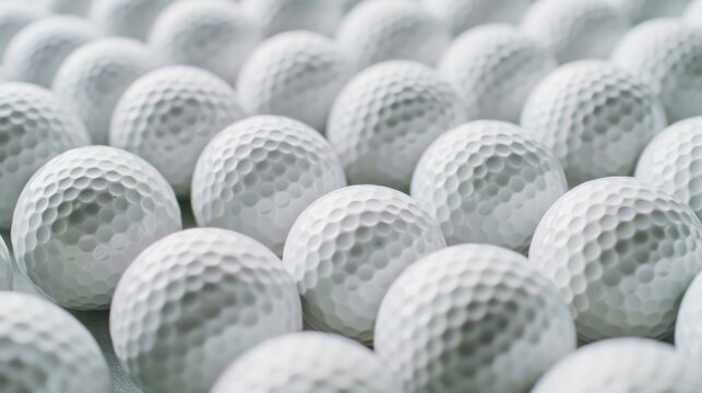 A detailed close-up view of multiple clean, white golf balls neatly arranged, showcasing their unique dimple patterns.