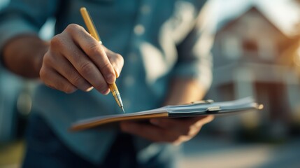 A person holding a wooden clipboard in one hand and writing notes with a pencil at a construction site, capturing essential details in the informal, on-site environment.