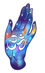 Open hand with the all-seeing eye on the palm. Occult design vector illustration. Dotwork ink tattoo flash design. Vector illustration isolated on white. Astrology, Sacred Spirit. Masonic sign.