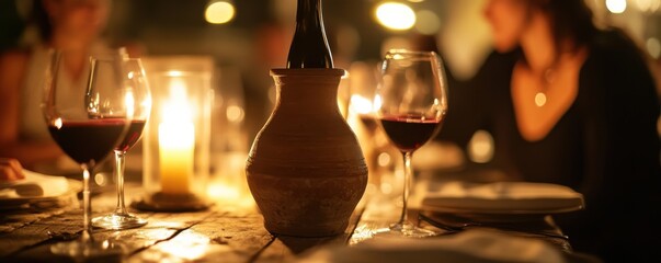 Greek amphora filled with wine on a rustic table surrounded by candlelight and glasses at an intimate dinner setting