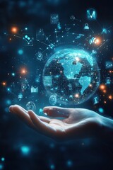Hand holding a futuristic hologram of a global network with digital connections and data icons representing technology and innovation.