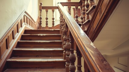 A vintage wooden staircase with carved balusters bathed in warm light evokes a sense of nostalgia and elegance.