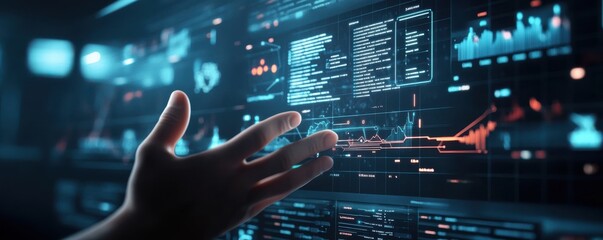 Hand interacting with futuristic holographic digital interface displaying financial data and analytics on large transparent screens