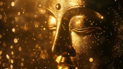 Obraz premium A golden Buddha statue shines amidst a glittering backdrop, exuding a serene and spiritual aura.
