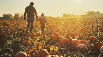 Fleecedeken met foto A heartwarming scene of a parent and child holding hands, walking through a pumpkin patch at sunset, basking in the golden autumn glow. © VK Studio