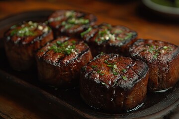 Four elegantly arranged sushi rolls on dark wood detailed with vibrant green toppings in soft lighti
