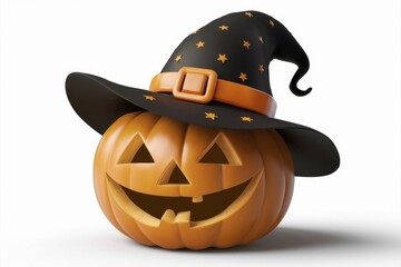 A carved pumpkin with a witchs hat, smiling playfully.