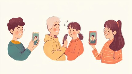 Illustration of a joyful family spending quality time using smartphones in a cozy living room setting