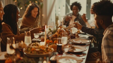 A family and friends gathered around a warmly lit dinner table, sharing a festive meal with a roasted turkey as the centerpiece.