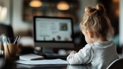 Young child sitting at a desk with a computer, engaging in online learning, surrounded by stationery and papers in a cozy home environment with soft lighting.