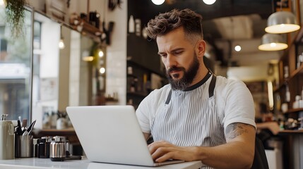 Fototapeta premium Bearded Barber Working on Laptop in His Shop