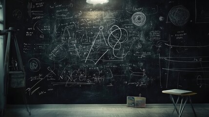 Fototapeta premium Quantum Physics Formulas Handwritten on Blackboard. AI generated illustration