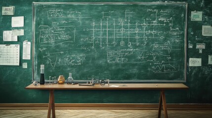 Quantum Physics Formulas Handwritten on Blackboard. AI generated illustration