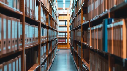 Long aisle of bookshelves in a library. Concept of research, education, and knowledge.