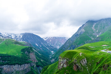Obraz premium Panoramic view from the grassy hill on the Kazbek mountains and the green valley