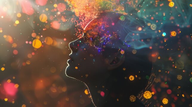 A person&rsquo;s silhouette with glowing colors around their head, representing imaginative thought, creativity, and the boundless expanse of the mind.
