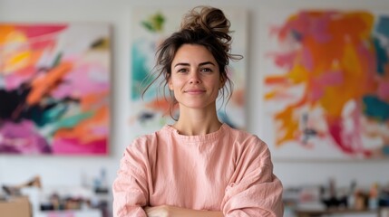 A confident woman in a pink blouse stands amid colorful art pieces, showcasing her vibrant spirit and love for creativity. Her soft smile exudes calmness.