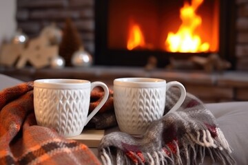Two woolen mugs for tea or coffee near cozy fireplace, cozy evening