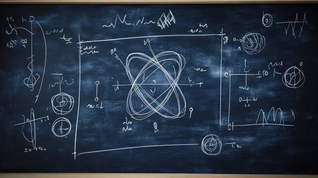 Quantum Physics Formulas Handwritten on Blackboard. AI generated illustration