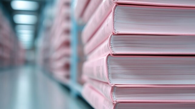 A series of neatly stacked pink books sit on a shelf in a library. The background is softly blurred, placing emphasis on the colorful spines of the books in a tidy arrangement.
