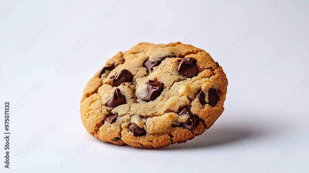 Poster close-up of a chocolate chip cookie on a white background with a mirrored reflection in the center