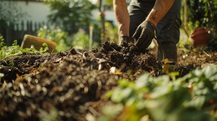A person is seen engaging in gardening, their hands buried in rich soil, reflecting dedication and connection to the earth amidst vibrant greenery.