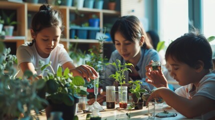 Children enthusiastically engaging in plant experiments, surrounded by lush greenery and natural light in an interactive learning environment.
