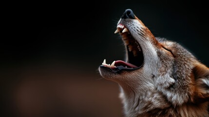 An intense image showing a coyote howling under a dark background, with sharp teeth and an expressive face, capturing the essence of wild nature and intense vocalization.