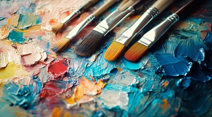 Fototapeta premium A colorful artist palette with brushes arranged neatly, showcasing vibrant paint colors and textures
