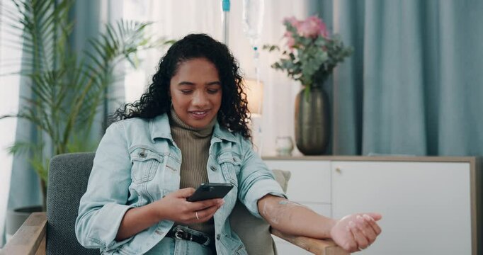 Woman, phone or IV drip in office for healthcare, social media or ketamine treatment in practice. Mental health, cell or girl with infusion therapy for healing, manage depression or smile for update