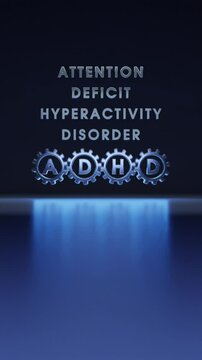 Conceptual video that shows ADHD Attention-Deficit Hyperactivity Disorder. Spinning gears symbolize thinking. 3D vertical vanimation