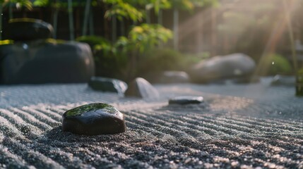 A mesmerizing wide-shot of a Japanese rock garden in soft daylight, accentuating the precise raked lines and the serene ambiance.