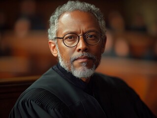 Obraz premium The image portrays a distinguished judge with a composed expression, seated in a formal courtroom, symbolizing wisdom, authority, and justice within the judicial system.