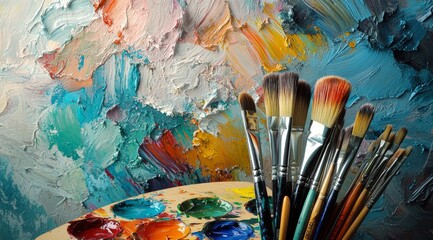 Fototapeta premium A colorful artist palette with brushes arranged neatly, showcasing vibrant paint colors and textures