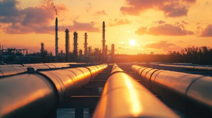 Pipeline and Pipe Rack at Petroleum Plant with Sunset. AI generated illustration
