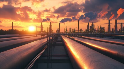 Pipeline and Pipe Rack at Petroleum Plant with Sunset. AI generated illustration