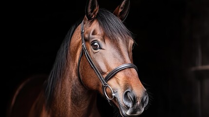 Obraz premium A close-up of a horse wearing a bridle looking alert and poised, showcasing the animal's intelligence and grace. The image highlights the horse's expressive eyes and smooth coat.