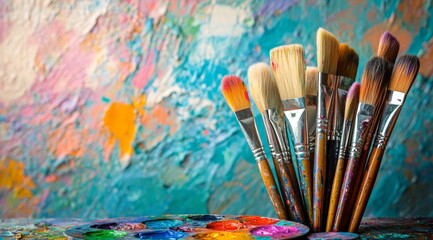 A collection of paintbrushes resting on a palette in front of a colorful abstract canvas