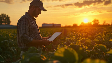 Tecnologia na campo. Produtor rural usando tablet na lavoura