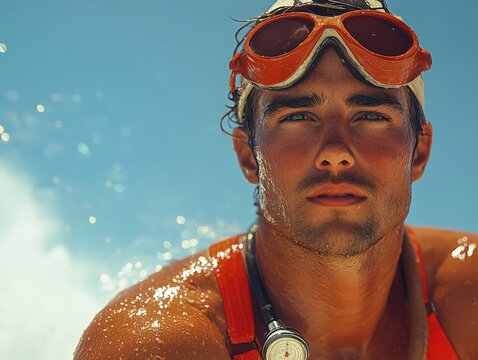 A lifeguard wears a red outfit and goggles, with a stopwatch around their neck, against a bright blue sky, symbolizing safety and vigilance at the beach. - Powered by Adobe