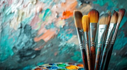 Obraz premium A collection of paintbrushes resting on a palette in front of a colorful abstract canvas