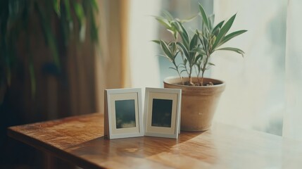 Polaroid Frames Mockup on Wooden Table. AI generated illustration