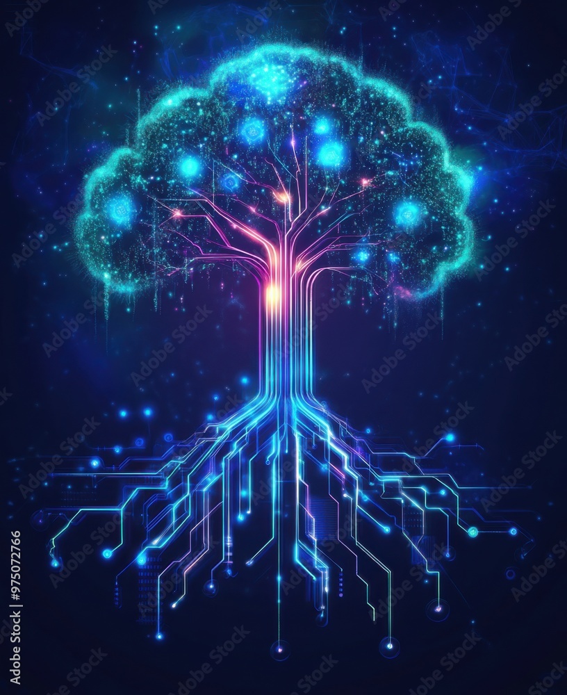 Poster digital tree with roots resembling circuit lines representing the fusion of technology and nature in