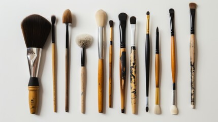 Fototapeta premium A variety of makeup brushes arranged in a neat row on a flat surface, showcasing different shapes and sizes for diverse makeup application techniques.