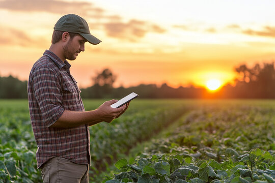 Tecnologia na campo. Produtor rural usando tablet na lavoura