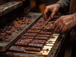 Close-up of hands skillfully working with rich, glossy chocolate bars during the production process, showcasing the dedication and craftsmanship involved in chocolate making.