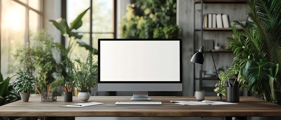 A modern office with a large monitor displaying a blank web design template