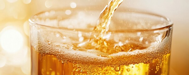 Macro shot of a refreshing beer pouring into a glass showcasing vibrant golden bubbles and foam in motion