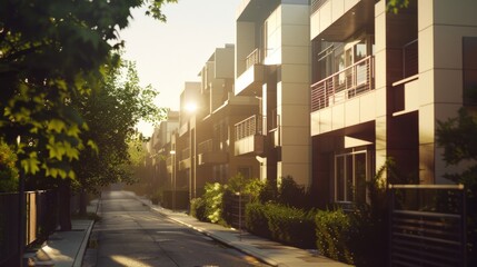 Fototapeta premium A serene morning in a modern residential street bathed in soft sunlight, lined with contemporary apartments and lush greenery.